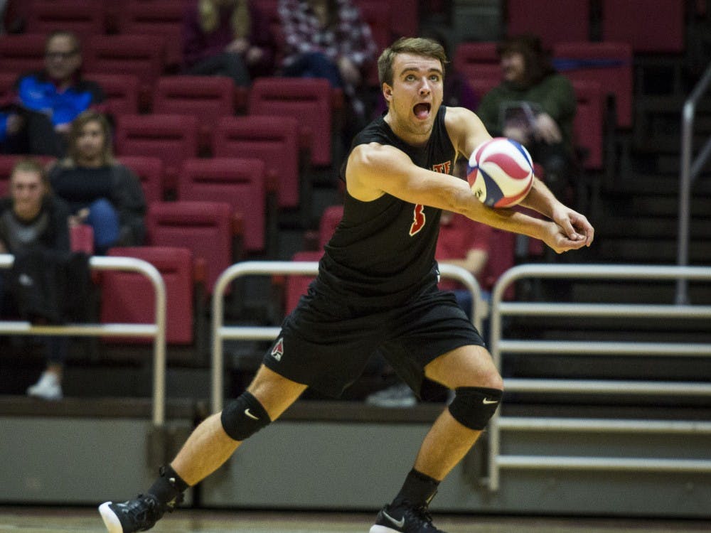Sophomore outside hitter Blake Reardon, receives a serve from a Harvard Crimson player during the beginning of the third set, Jan. 20 at John E. Worthen Area. Ball State defeated Harvard, 25-22, 23-25, 25-21, 25-9. Grace Hollars, DN