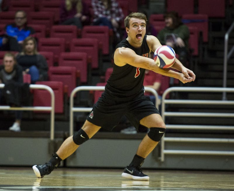 Sophomore outside hitter Blake Reardon, receives a serve from a Harvard Crimson player during the beginning of the third set, Jan. 20 at John E. Worthen Area. Ball State defeated Harvard, 25-22, 23-25, 25-21, 25-9. Grace Hollars, DN