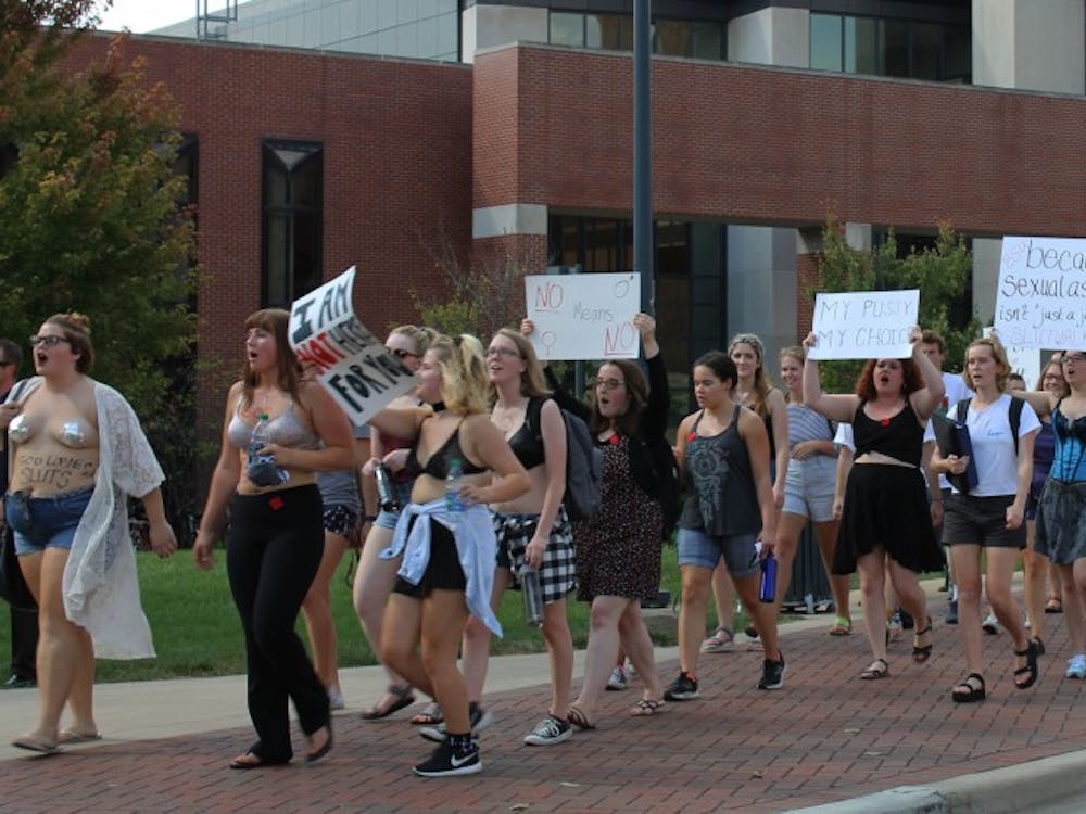 Students participate in a&nbsp;SlutWalk led by Ball State's Feminists for Action and in collaboration with Ball State's Alliance for Disability Awareness.&nbsp;Photo by Emma Millikan
