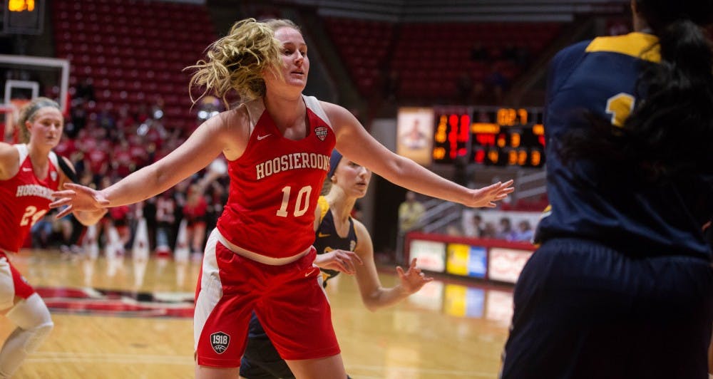 Freshman Thelma Dis Agustdottir defends against a player from Toledo in John E. Worthen Arena Feb. 23, 2019. Ball State wore the historic Hoosieroon uniform. Scott Fleener, DN