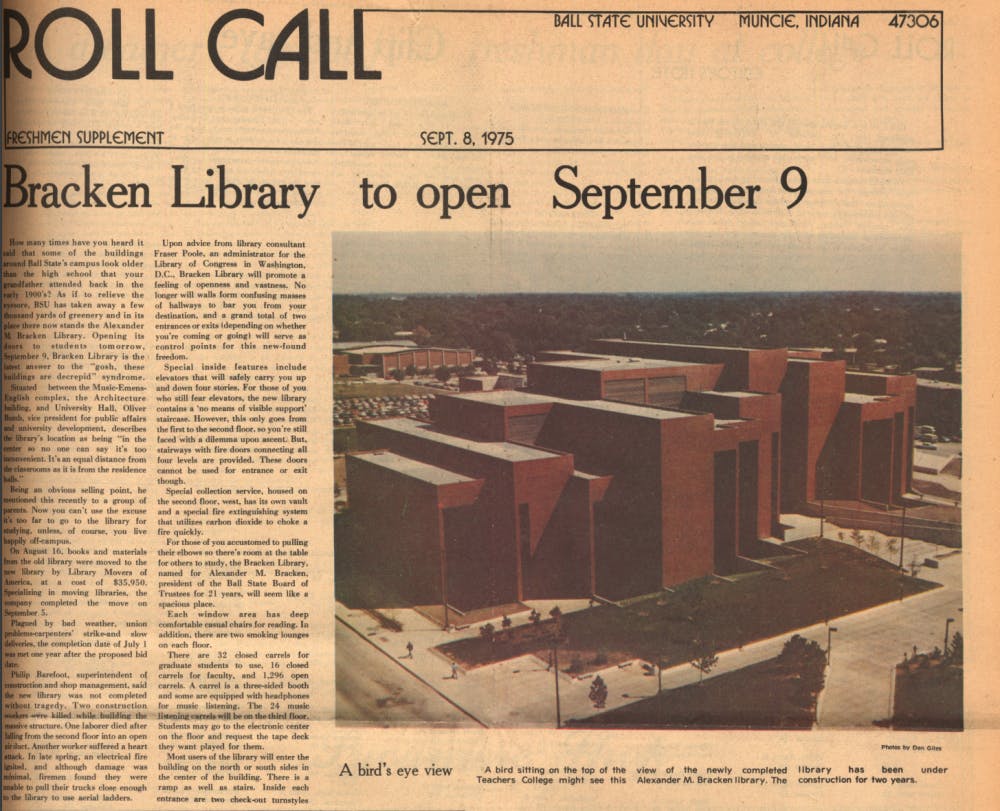 <p>The Roll Call edition of The Daily News shows Bracken Library when it opened in 1975. On May 24, 1972, ground was broken on the building. <strong>Ball State Digital Media Repository</strong></p>