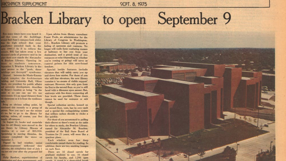 The Roll Call edition of The Daily News shows Bracken Library when it opened in 1975. On May 24, 1972, ground was broken on the building. Ball State Digital Media Repository