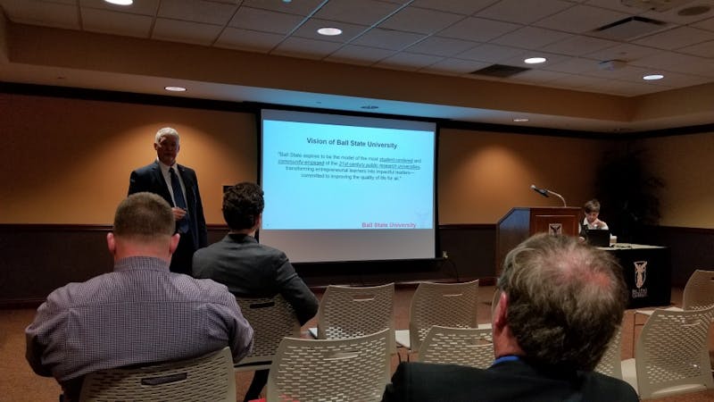 Bernard Hannon, Ball State&nbsp;vice president for business affairs and treasurer, presents the proposed tuition and student fees for the 2017-18 fiscal year during the public hearing meeting on June 6, 2017. DN // Daily News