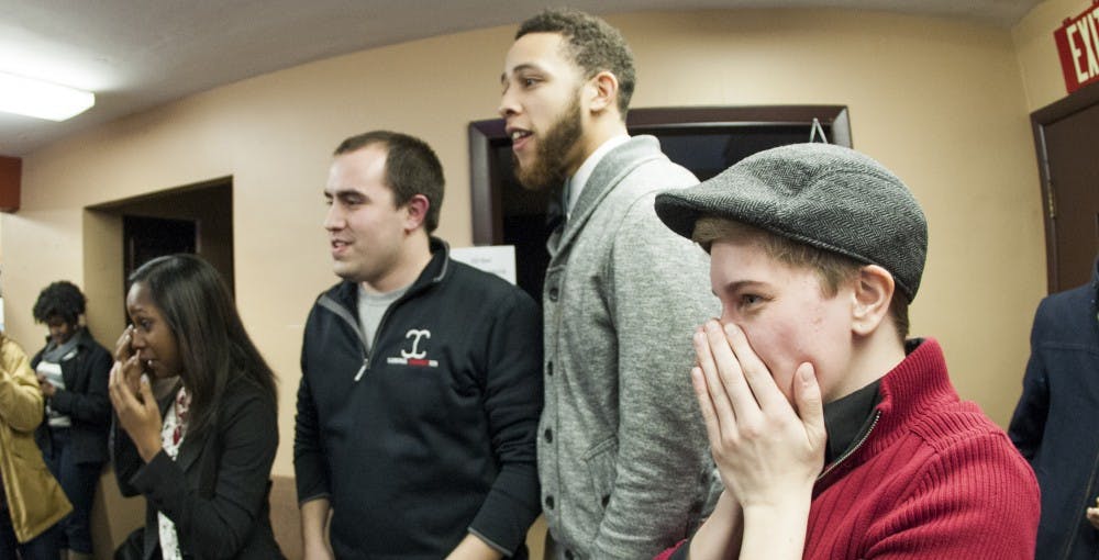 Cardinal Connection reacts to the news that they won the Student Government Association executive board election Feb. 25. Cardinal Connection won with 1,441 votes. DN PHOTO JONATHAN MIKSANEK