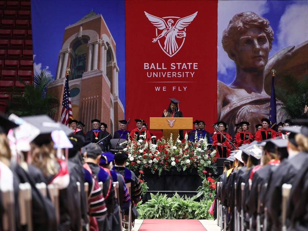 Ball State alum and commencement speaker Kayla Davion gives a speech to graduates May 3 at Worthen Arena. Andrew Berger, DN