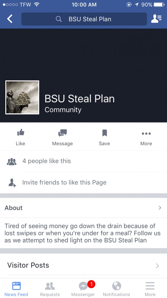 A small group of students are trying to start the conversation about meal plans with a group, BSU Steal Plan, for an English project. Students are allotted $8.20 per meal, if they do not spend it all or miss a meal entirely, it is put back into Residence Life and Ball State Dining. PHOTO COURTESY OF BSU STEAL PLAN FACEBOOOK