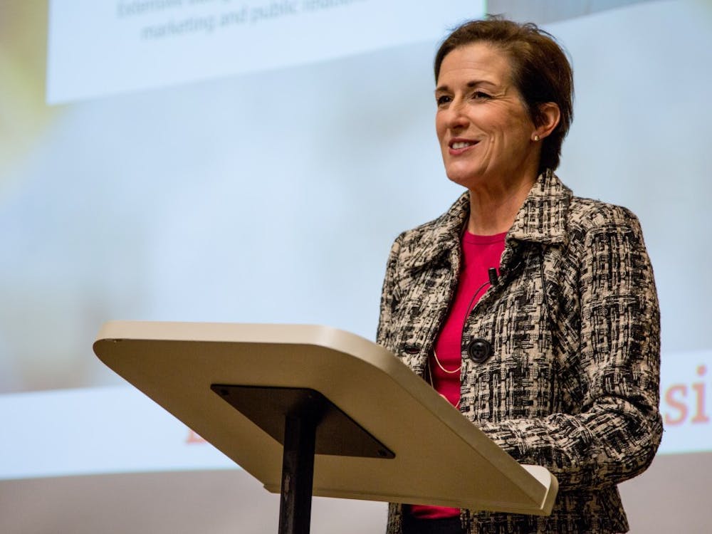 Ball State's First Lady Jennifer Mearns spoke about her experience in public relations in AJ 175 on Jan. 18. Mearns graduated from Bryant College in Rhode Island before moving to New York where she got her first job. Kaiti Sullivan, DN