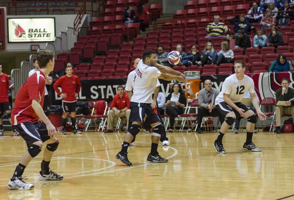 Senior Larry Wrather bumps the ball in the match against Scared Heart on Jan. 11 at Worthen Arena. DN PHOTO COREY OHLENKAMP