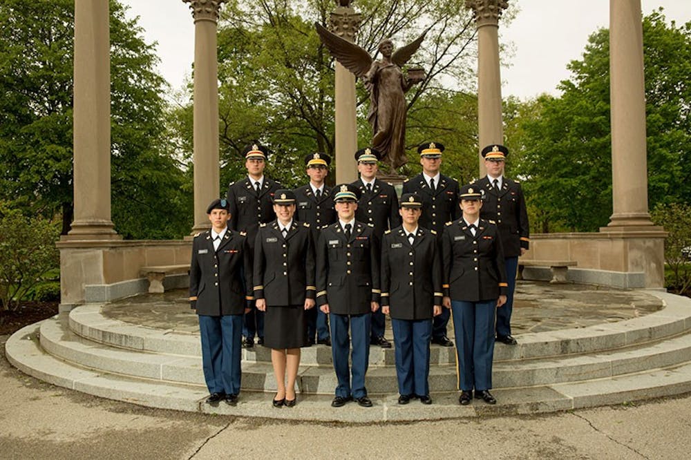 <p>ROTC cadets gather for a photo in front of Benny. The ROTC turned 40 this month, while Ball State celebrated its centennial year. <strong>Photo provided, Ball State University</strong></p>