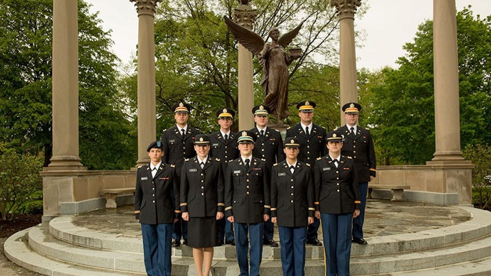 ROTC cadets gather for a photo in front of Benny. The ROTC turned 40 this month, while Ball State celebrated its centennial year. Photo provided, Ball State University