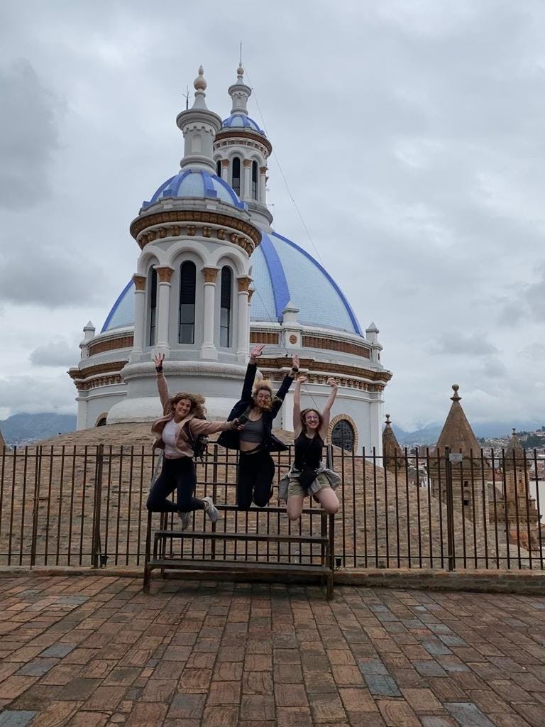 &nbsp;Ball State students jumping for joy on the Communication + Culture Ecuador trip in summer 2022. Ashley Coker, Photo Provided.