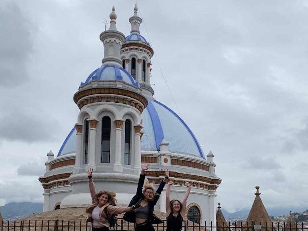 &nbsp;Ball State students jumping for joy on the Communication + Culture Ecuador trip in summer 2022. Ashley Coker, Photo Provided.