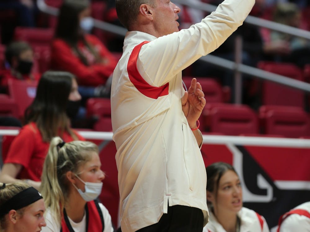 Ball State Women's Basketball head coach Brady Sallee calls a play from the sideline on Nov. 3 at Worthen Arena.