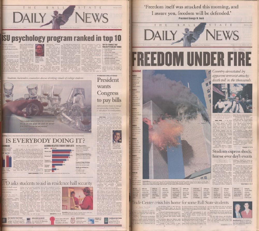 <p>On the left is The Ball State Daily News' front page for Sept. 11, published before the attack took place. The page on the right was published Sept. 12. <strong>Photos courtesy of the Digital Media Repository.</strong></p>