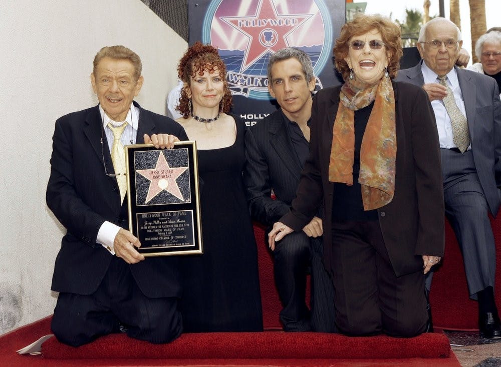 <p>In this Feb. 9, 2007, file photo, actors Jerry Stiller, far left, and Anne Meara, second from right, pose with their children, Ben Stiller and Amy Stiller as they are honored with a star of the Hollywood Walk of Fame in Los Angeles. Comedian veteran Stiller, who launched his career opposite wife Anne Meara in the 1950s and reemerged four decades later as the hysterically high-strung Frank Costanza on the smash television show “Seinfeld,” died at 92, his son Ben Stiller announced Monday. Honorary Mayor of Hollywood, Johnny Grant is shown in background at right. <strong>(AP Photo/Damian Dovarganes, File)</strong></p>