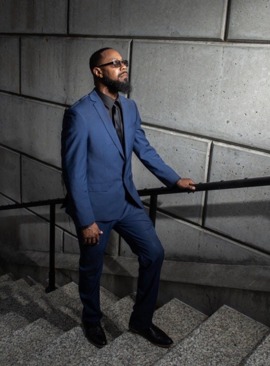 Ball State alumnus Marwin Strong poses for a portrait. Strong interned at Ball State in 2007 with Nancy Harper to teach a class called Life Skills to student athletes.