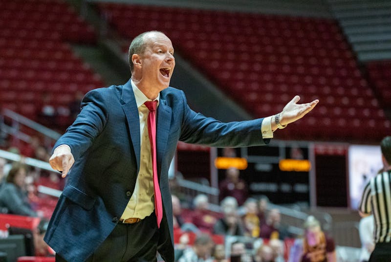 Head Coach Brady Sallee yells at a referee after a call was made Feb. 29, 2020, at John E. Worthen Arena. Ball State beat Central Michigan 67-62. Jacob Musselman, DN