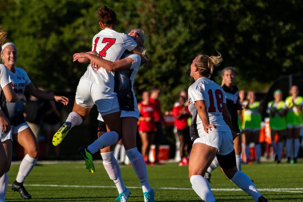 Ball State’s women’s soccer team celebrates after Julia Elvbo scored the Cardinals' first goal of the game Friday, Sept. 14, 2018 at Briner Sports Complex tying the game 1 to 1 in the second half. The Cardinals won 3 to 1 against the University of Nebraska-Omaha. Eric Pritchett,DN