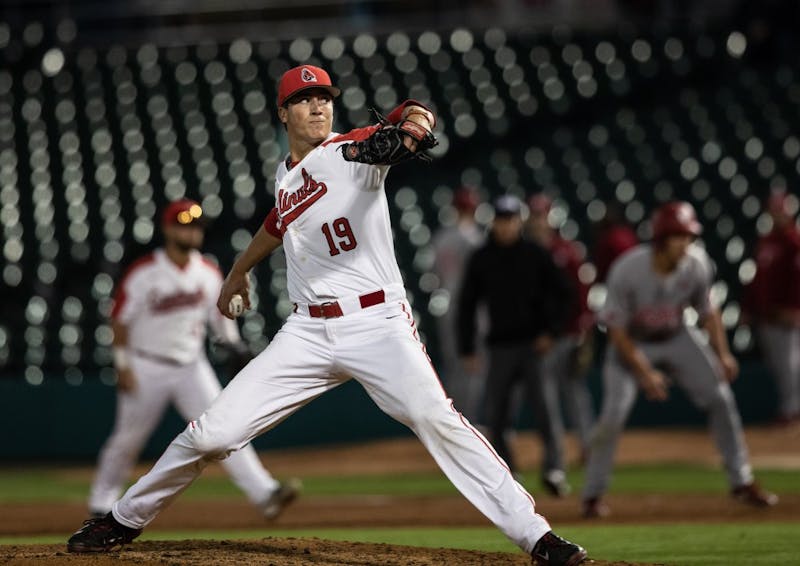 Then-sophomore Kyle Nicolas pitches at Victory Field in Indianapolis April 23, 2019. The Cardinals lost 9-3. Rebecca Slezak, DN
