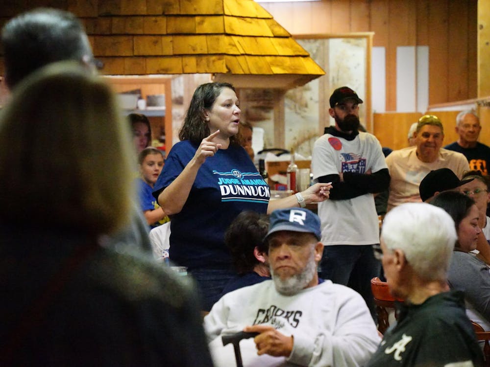 Amanda Dunnuck, who ran unapposed for Circuit Court Judge, adresses the crowd of supporters and community members at the Delaware County Headquarters on election night, Nov. 7, 2023. Kate Farr, DN
