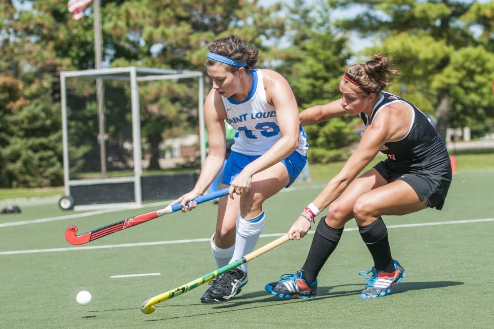Senior forward Tori Widrick contends with the Saint Louis defense during the game against St. Louis at the BSU Turf field on Sept. 28. DN PHOTO JONATHAN MIKSANEK