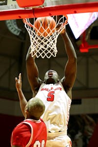Freshman center Payton Sparks dunks the ball against Miami (OH) on Jan. 25, 2022 at Worthen Arena in Muncie, IN. Sparks scored 23 points during the game. Amber Pietz, DN