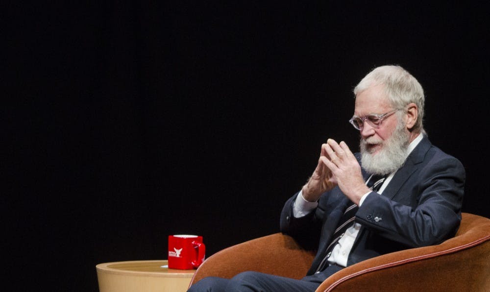 Alumnus David Letterman came to Ball State with filmmakers Spike Jonze and Bennett Miller on Nov. 30 at John R. Emens Auditorium. The three discussed making it in the industry. Jonze and Miller also directed a scene Letterman had done early in his career with two Ball State theatre students. DN PHOTO BREANNA DAUGHERTY