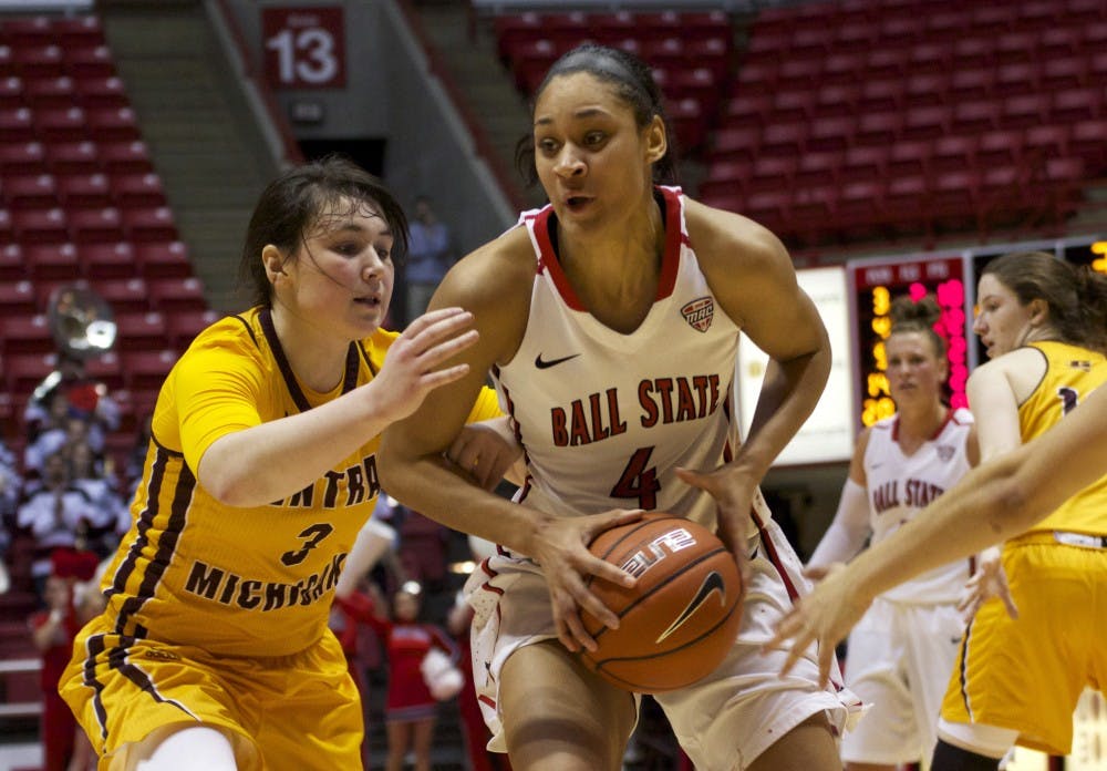 Senior guard Nathalie Fontaine attempts to push past Central Michigan’s freshman guard Presley Hudson on Feb. 10 in Worthen Arena. DN PHOTO GRACE RAMEY