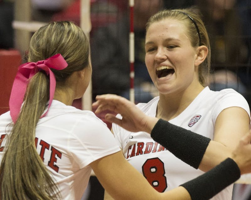 Then-sophomore, Jessica Lindsey celebrates after scoring a point against Toledo at Worthen Arena on October 29th, 2015. Emily Sobecki // DN File