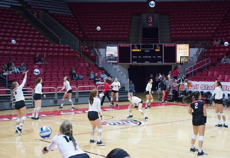 Ball State's womens volleyball team warms up after half time at the game against Evansville on Sept. 14 in John E. Worthen Arena. The Cardinals were 2-0 after halftime. Jada Coleman, DN