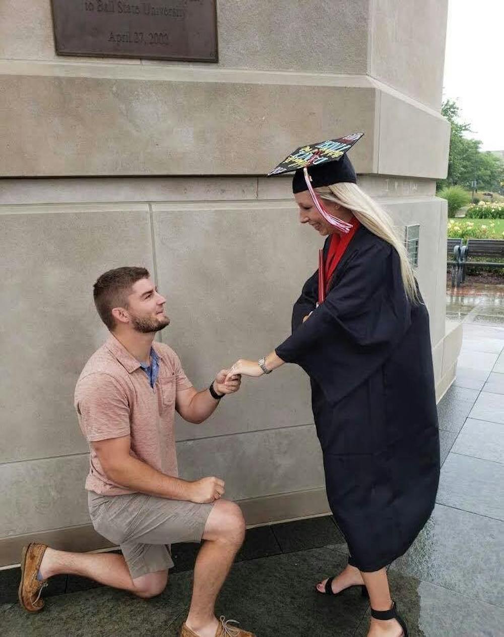 <p>Zeke Shultz proposed to his girlfriend Kari Scherer underneath Shafer Tower after summer commencement. The couple met during Scherer's freshman year at Ball State. <strong>Kari Scherer, Photo Provided.&nbsp;</strong></p>
