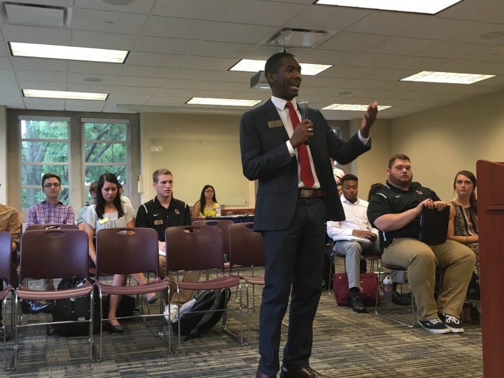 James Wells, Student Government Association president, speaks during the first town hall meeting of the year on August 31. SGA will hold its second town hall meeting on Oct. 26 from 5 to 6 p.m. in the L.A Pittenger Student Center as part of the annual BLITZ week.&nbsp;Allie Kirkman // DN