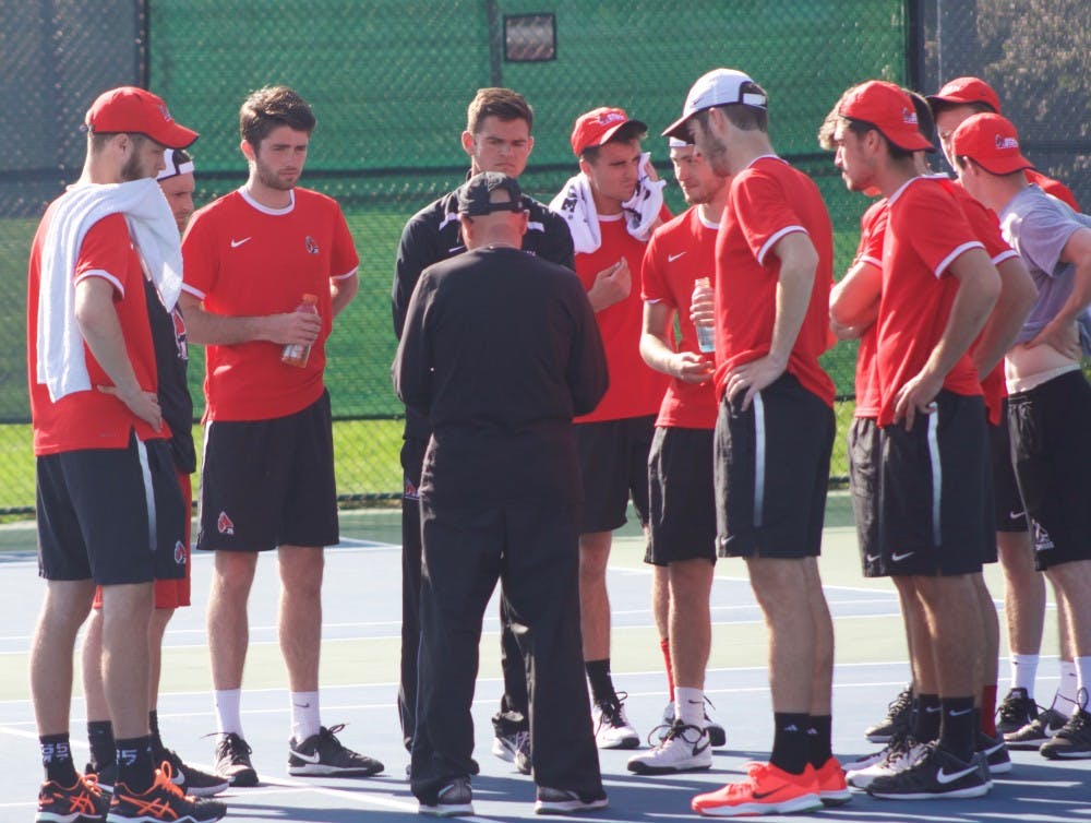 Ball State men’s tennis team gathers together after winning the match against IUPUI on April 12 at Cardinal Creek Tennis Center.  The team returns to action on April 14 against Western Michigan.  Patrick Murphy // DN