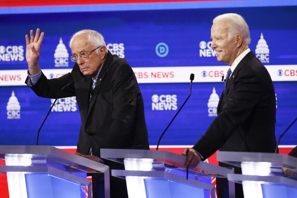 <p>Democratic presidential candidates, Sen. Bernie Sanders, I-Vt., left, and former Vice President Joe Biden, right, participate in a Democratic presidential primary debate at the Gaillard Center, Tuesday, Feb. 25, 2020, in Charleston, S.C., co-hosted by CBS News and the Congressional Black Caucus Institute. <strong>(AP Photo/Patrick Semansky)</strong></p>
