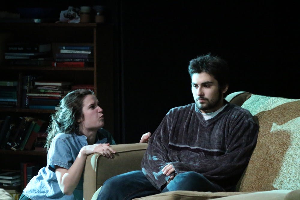 Margaret Morgan and David Ibarra perform during a rehearsal of "Seascape with Sharks and Dancer." Opening night is Feb. 23 at 7 p.m. in the Cave Studio Theatre. DN PHOTO REAGAN ALLEN