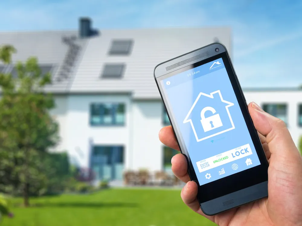 smart house, home automation, device with app icons. Man uses his smartphone with smarthome security app to unlock the door of his house.