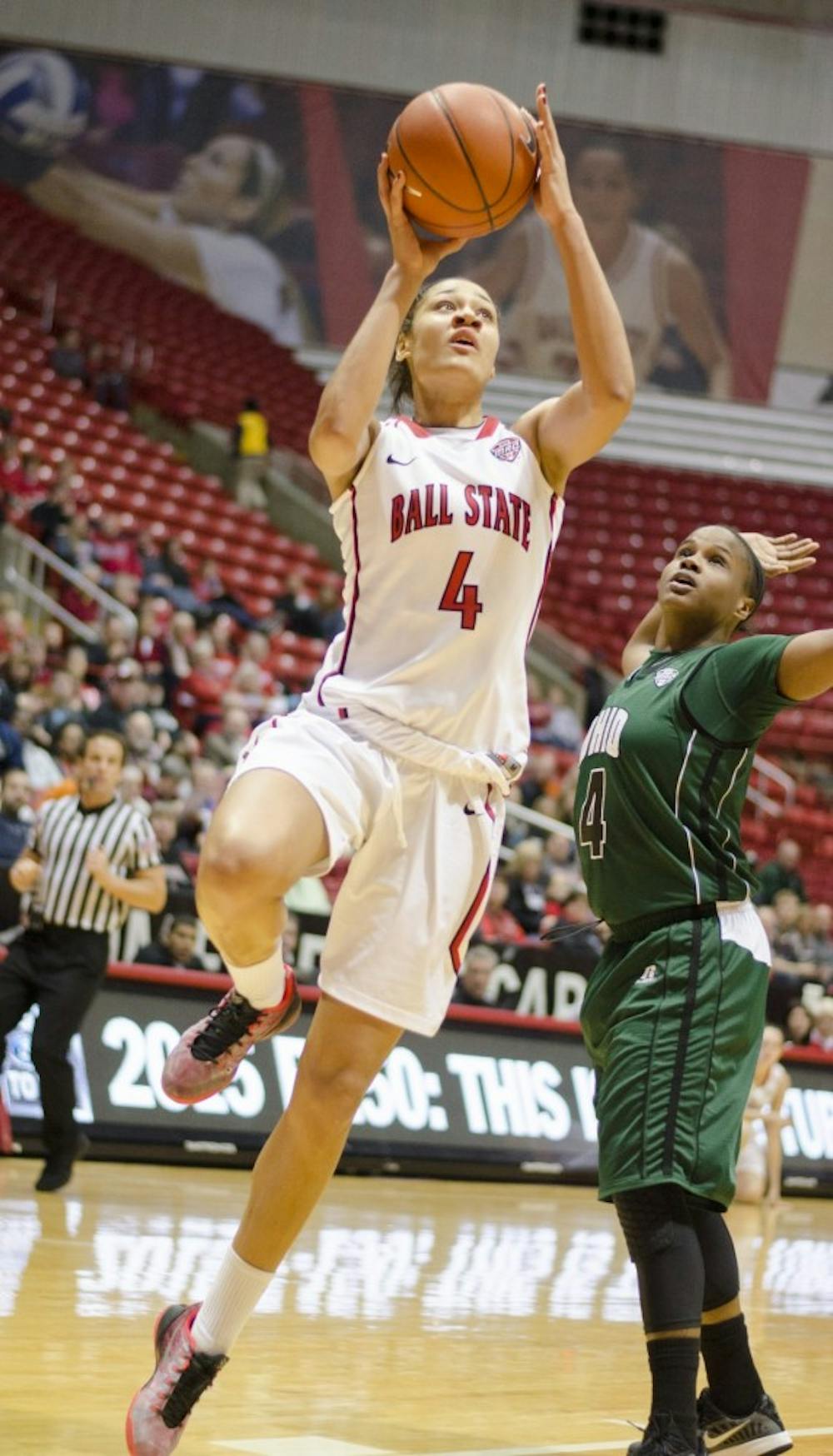 <p>Junior Nathalie Fontaine goes up for a lay-up during the game against Ohio on Jan. 24, 2015 at Worthen Arena.&nbsp;Ball State and Ohio are scheduled to tip off at 2 p.m. Saturday at Worthen Arena. Breanna Daugherty // DN File</p>
