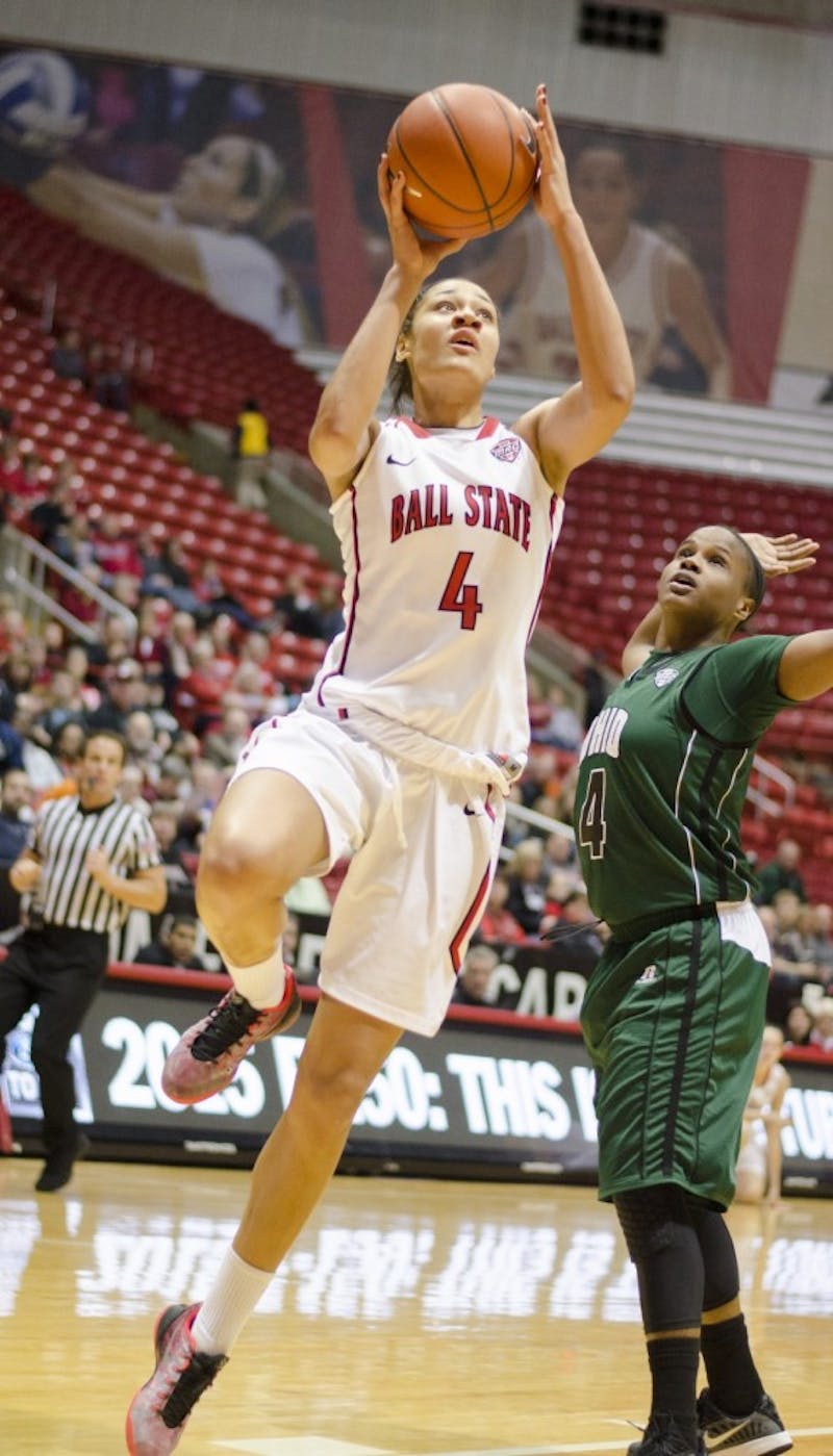 Junior Nathalie Fontaine goes up for a lay-up during the game against Ohio on Jan. 24, 2015 at Worthen Arena.&nbsp;Ball State and Ohio are scheduled to tip off at 2 p.m. Saturday at Worthen Arena. Breanna Daugherty // DN File