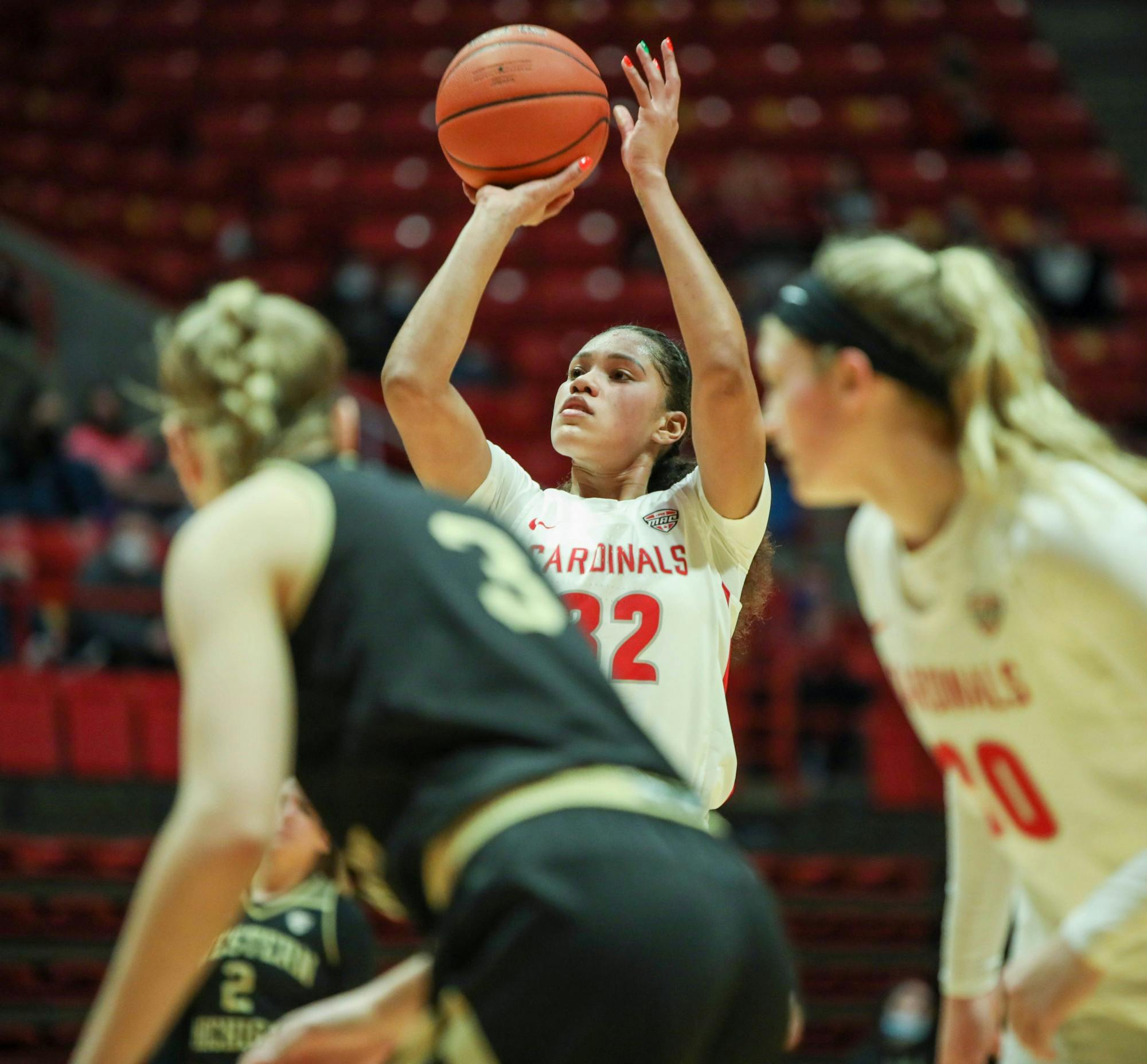 Senior forward Oshlynn Brown shoots a free point March 6, 2021, in John E. Worthen Arena. The Cardinals beat the Broncos 76-69. Jaden Whiteman, DN