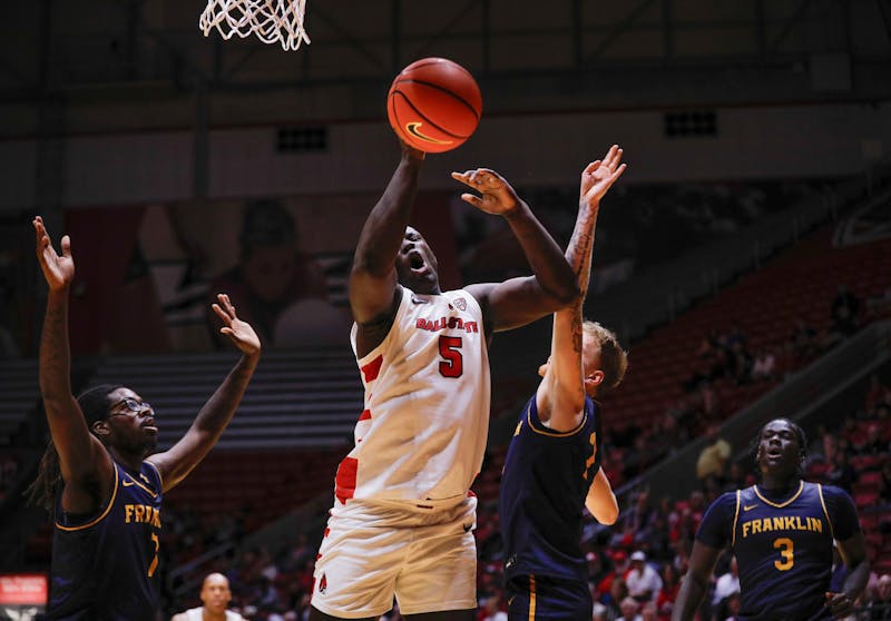 Senior center Payton Sparks goes up for a lay up against Franklin College Nov. 8 at Worthen Arena. Sparks had 17 points in the game. Andrew Berger, DN 