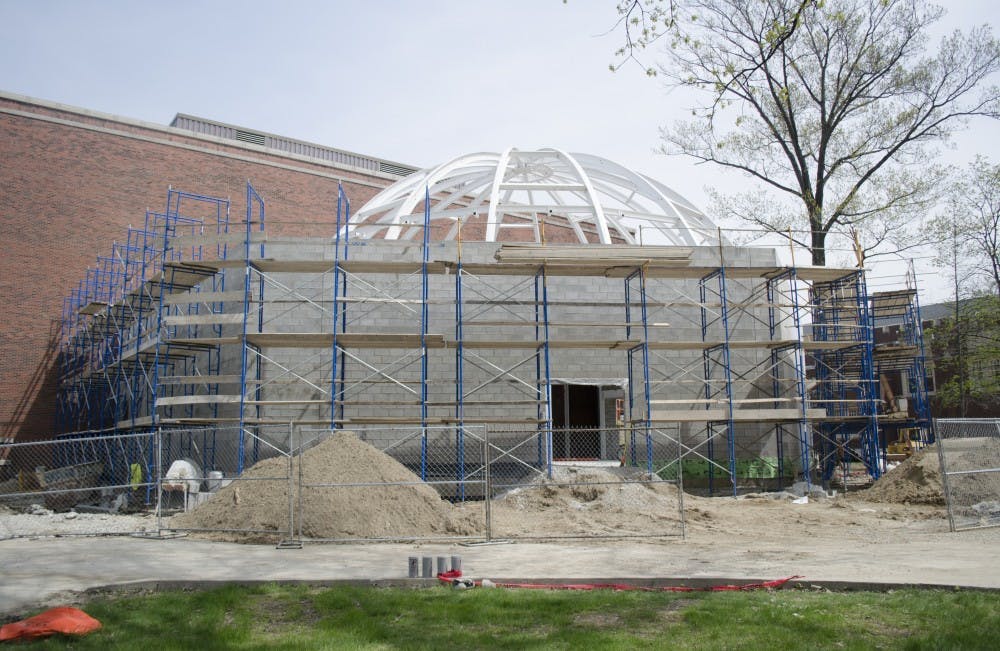 Construction of the new Charles W. Brown Planetarium is projected to finish by Oct. 1. The addition to the Cooper Science Complex will have its projection equipment installed, which costs the university about $2.5 million to $3 million. The old facility was open for 46 years for 400,000 visitors, according to Ball State. DN PHOTO BREANNA DAUGHERTY