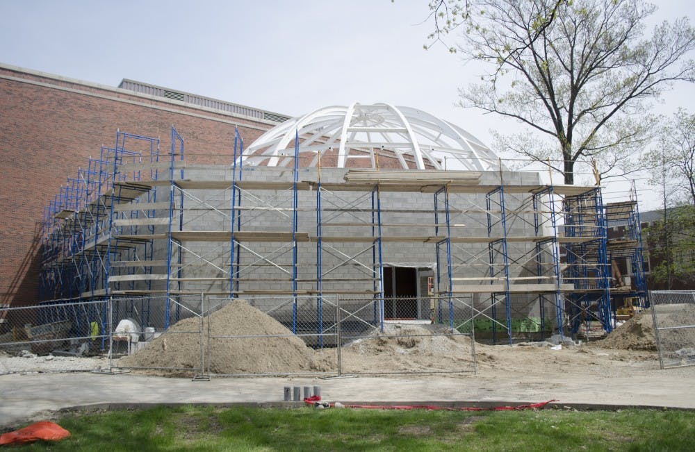 <p><strong>Construction</strong> of the new Charles W. Brown Planetarium is projected to finish by Oct. 1. The addition to the Cooper Science Complex will have its projection equipment installed, which costs the university about $2.5 million to $3 million. The old facility was open for 46 years for 400,000 visitors, according to Ball State. DN PHOTO BREANNA DAUGHERTY</p>
