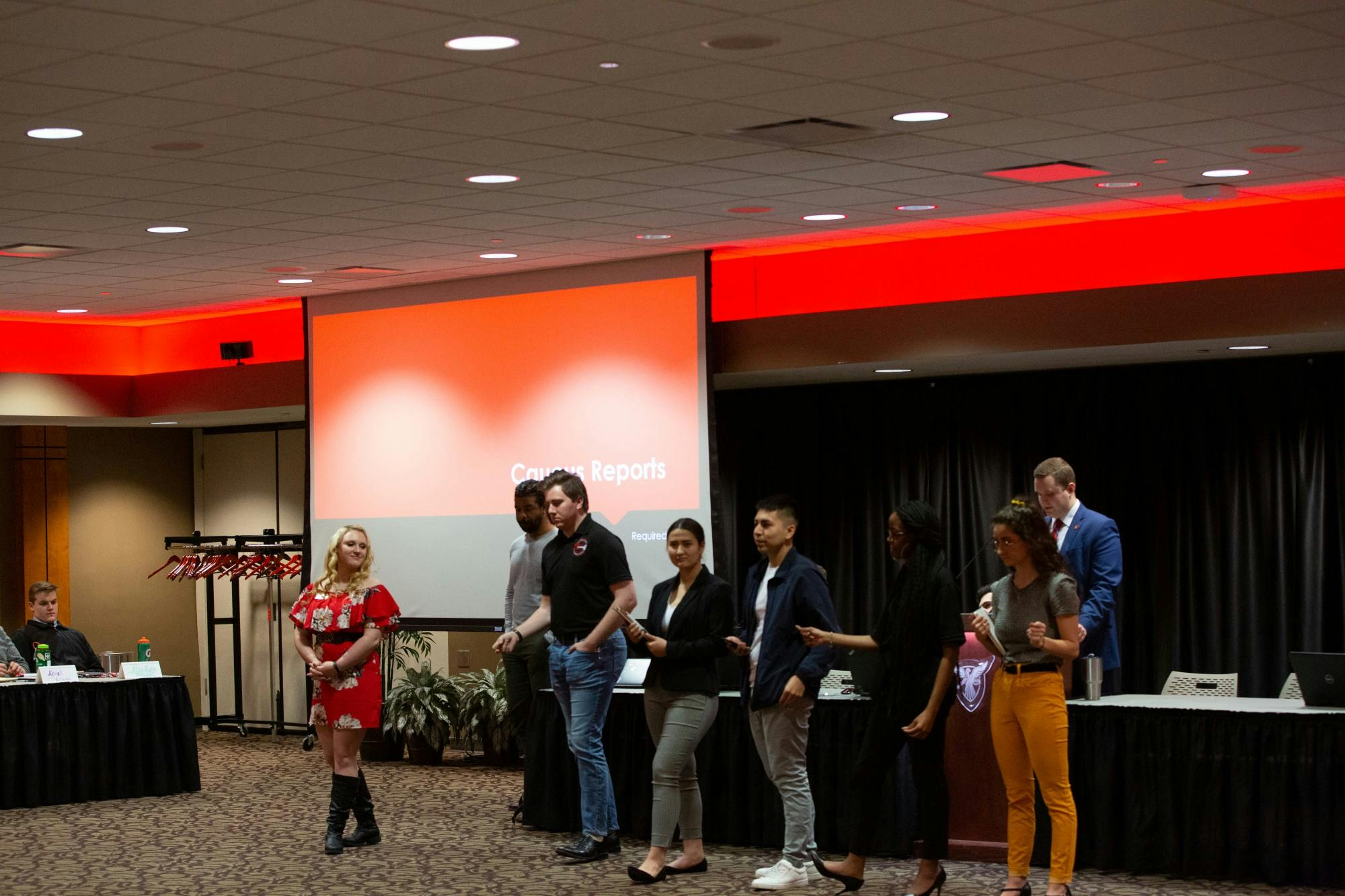 Ruby Yantz (far left), Student Government Association academic affairs chair, gives the Academic Affairs caucus report Feb 5, 2020, at the L.A. Pittenger Student Center. Yantz's resolution to eliminate Monday classes of final exam week is scheduled for voting on Feb. 12. Grace McCormick, DN