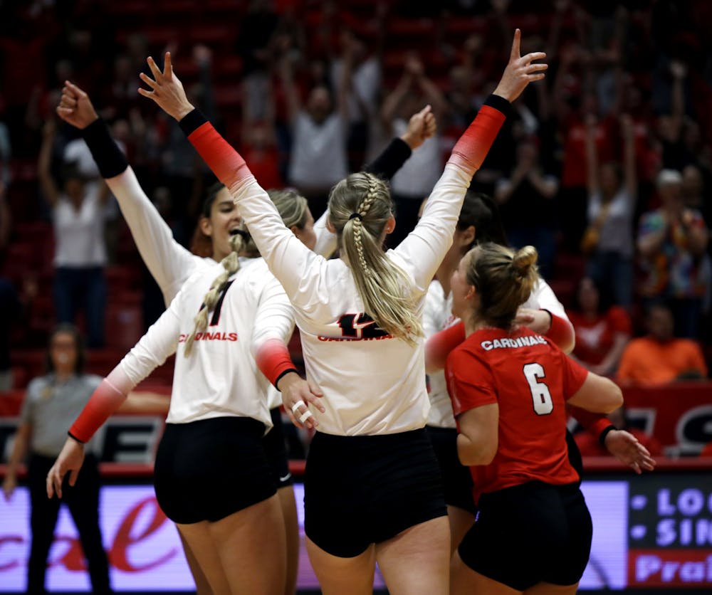 The Ball State Women's Volleyball team celebrates a win over Alabama at Worthen Arena Sept. 9. Ball State beat Alabama 3-1. Amber Pietz, DN