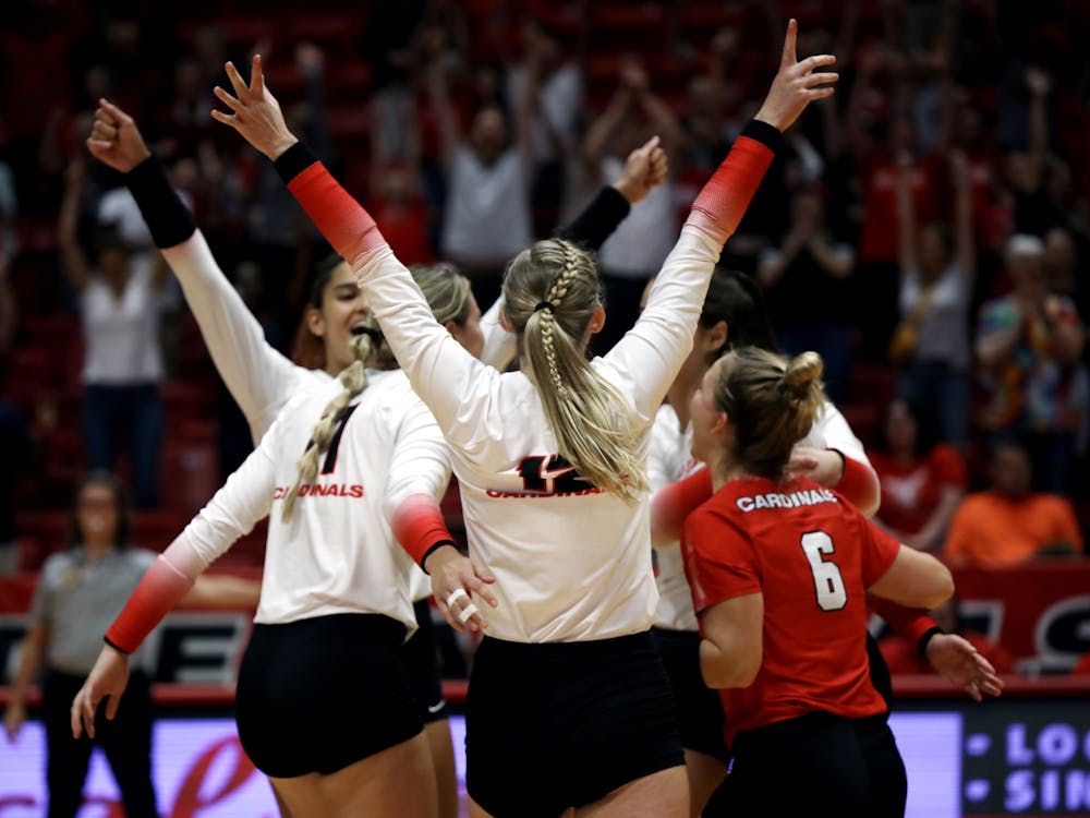 The Ball State Women's Volleyball team celebrates a win over Alabama at Worthen Arena Sept. 9. Ball State beat Alabama 3-1. Amber Pietz, DN