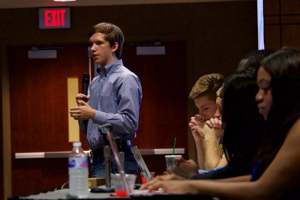 <p>SGA President Isaac Mitchell &nbsp;posed questions to students at the SGA and BSA "Hear Our Stories: A Student Forum" &nbsp;on August 21 in the Student Center. The forum regarded the use of the n-word in public. <strong>Rebecca Slezak, DN</strong></p>