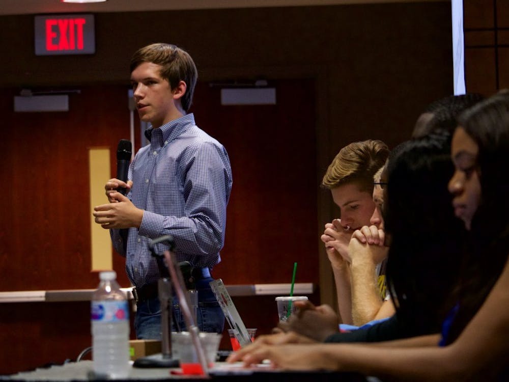 SGA President Isaac Mitchell &nbsp;posed questions to students at the SGA and BSA "Hear Our Stories: A Student Forum" &nbsp;on August 21 in the Student Center. The forum regarded the use of the n-word in public. Rebecca Slezak, DN