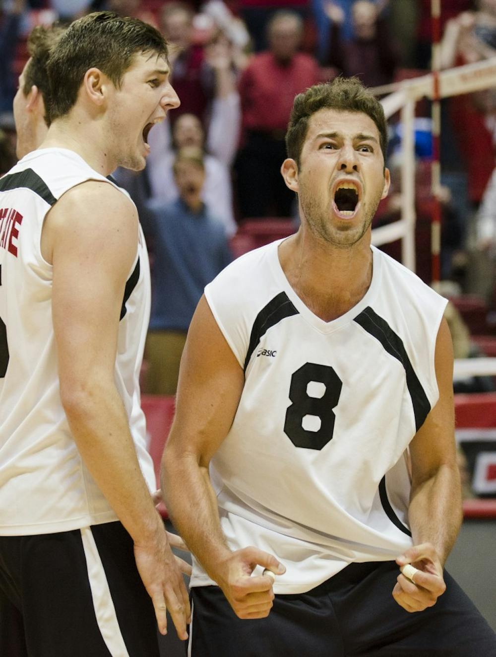 Hiago Garchet reacts after winning the match against Harvard on Jan. 15 at Worthen Arena. DN PHOTO EMMA ROGERS
