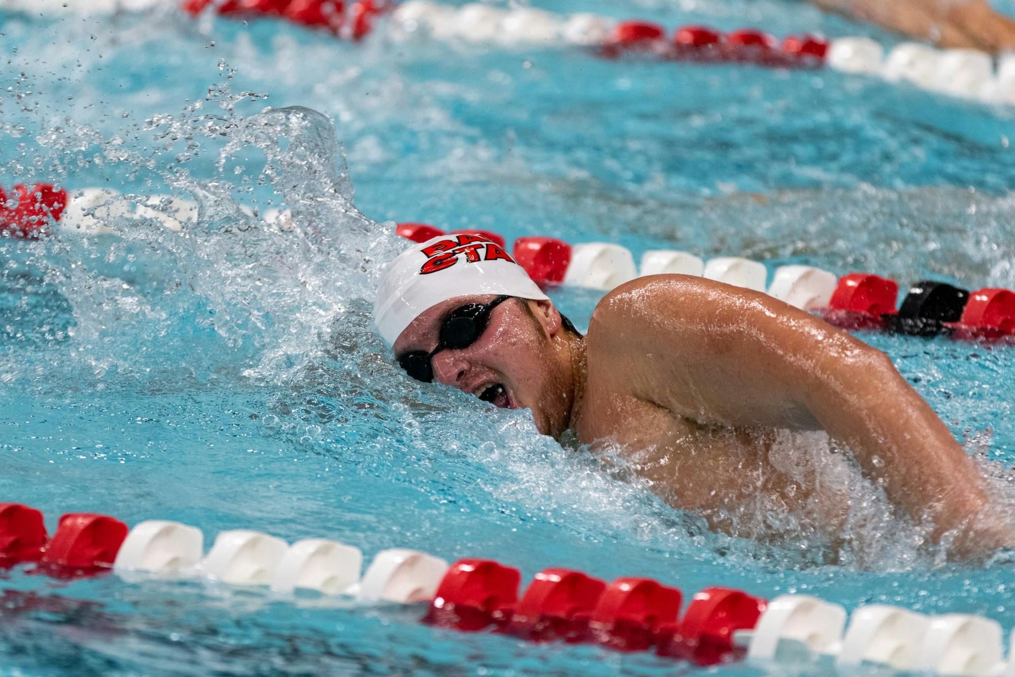 Ball State freshman, Dillon Freiberger competes in the Men's 500 Freestyle Nov. 2, 2019, at Lewellen Aquatic Center. The Ball State men's and women's teams defeated Wabash and Eastern Michigan with a combined score 195.5-96.5. Paul Kihn, DN
