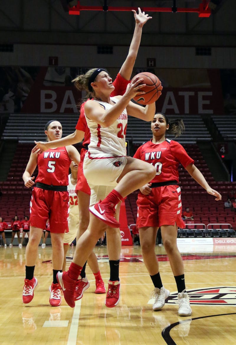 Ball State graduate guard Jasmin Samz goes for a layup during the Cardinals' game against Western Kentucky Dec. 7, 2019, at John E. Worthen Arena. Samz scored 13 points. Paige Grider, DN